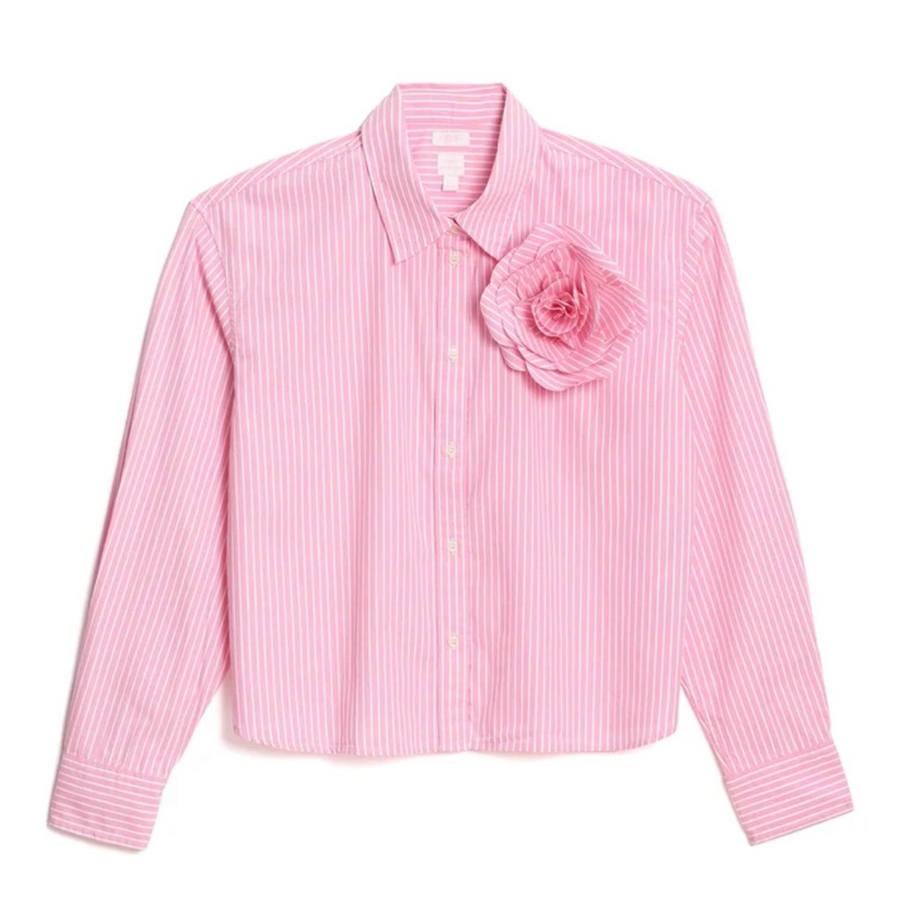 GAP x LoveShackFancy Pink Striped Button Down Shirt with Floral Detail